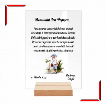 Placheta plexiglas pe suport de lemn - Pensionare